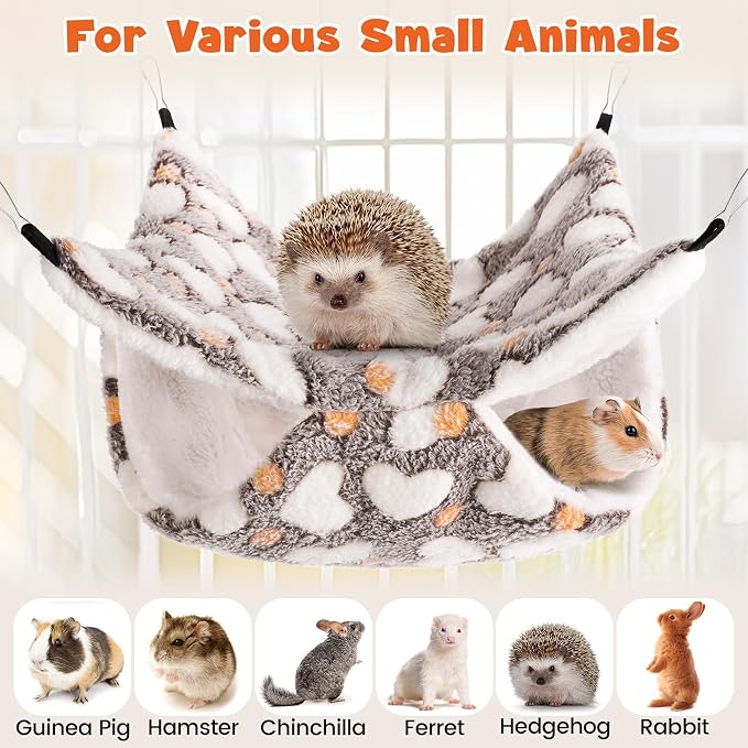 MCEAST 4 Pieces Small Pets Cage Accessories Hanging Hammock Sleeping Bag Tunnel and Bed Hideout Set Warm Sleep Nap Sack Bed for Hamster Ferret Squirrel Rabbit, Coffee Hearts