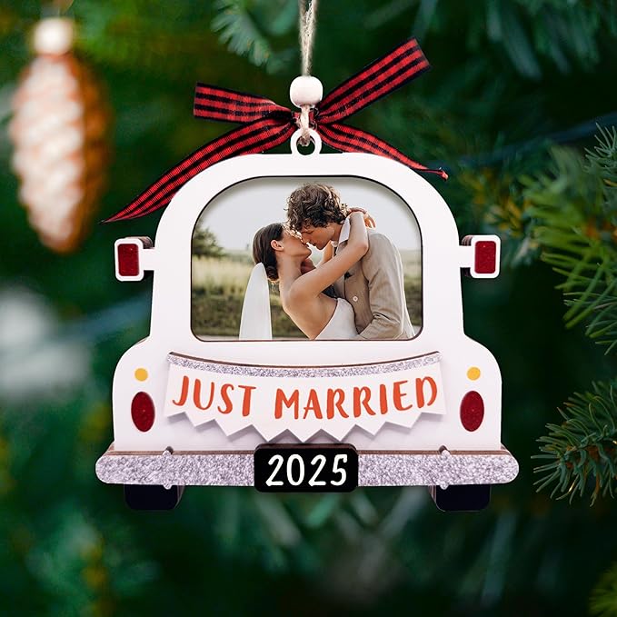 Christmas Photo Frame Ornament, 2025 Ornament, Wooden Picture Frame Ornaments With Hanging String (Just Married 2025)