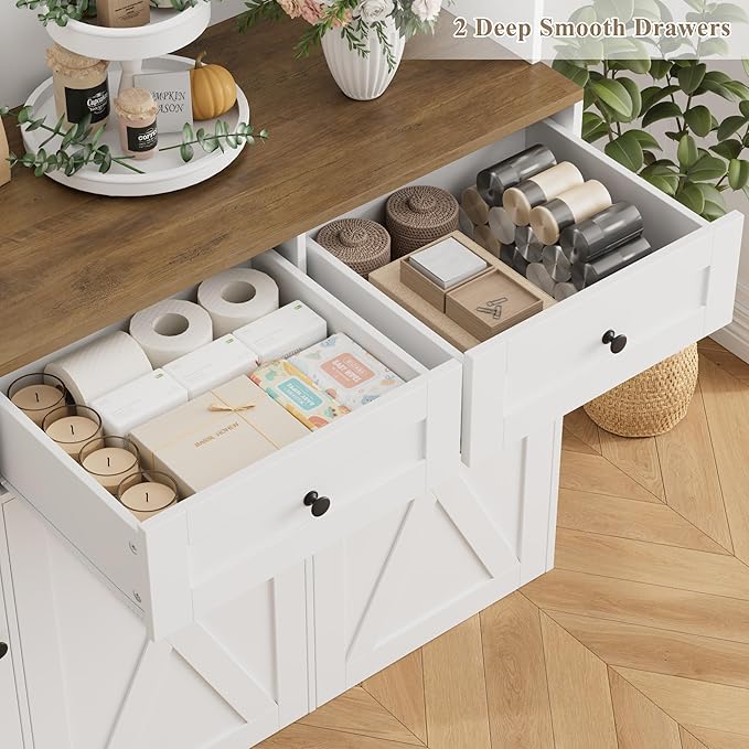 HOSTACK 12.5 Gallon Kitchen Trash Cabinet, 47" Double Trash Can Cabinet, Large Pull Out Can Storage Drawers, Wood Farmhouse Hidden Garbage Storage Buffet for Kitchen, Dining Room, White