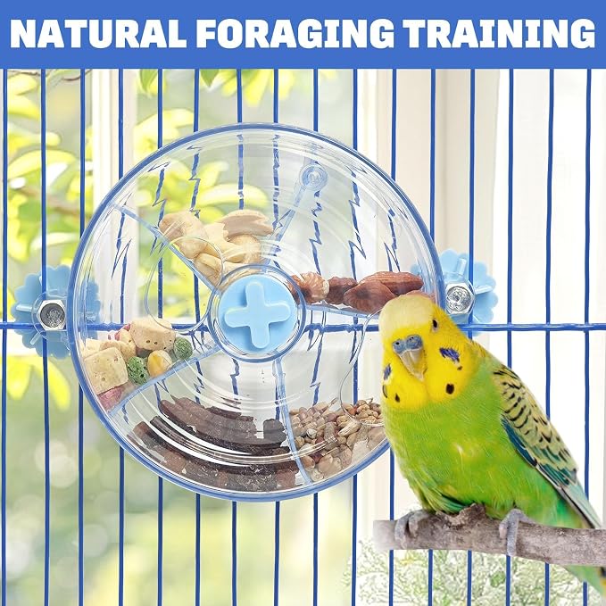 BNOSDM Bird Foraging Toy Creative Feeder Systems with Seed Food Rotating Wheel for Enrichment & Training Parrot Puzzle Toys Ideal for Small and Medium Cockatiel Parakeet Conure(Blue)