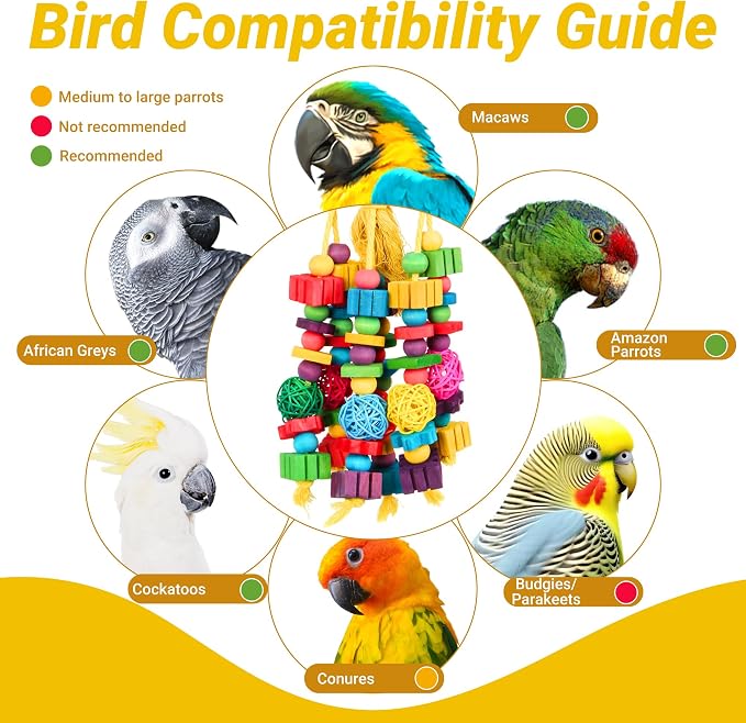 Parrot Chew Toys for Medium & Large Birds (Such as Macaws, African Grey Parrots, and Various Amazon Parrots). The Colorful, Natural Wooden Cage Parrot Toys for Large Birds.