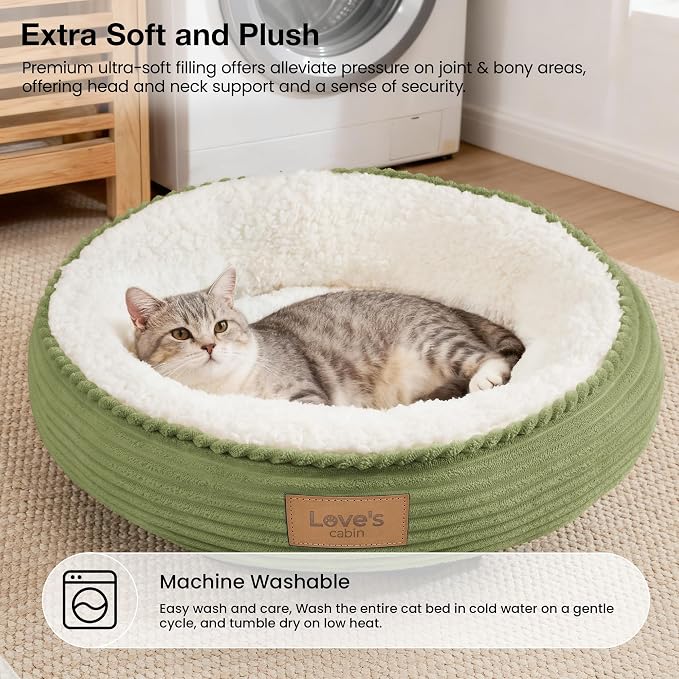 Love's cabin Round Donut Cat and Dog Cushion Bed, 20in Pet Bed for Cats or Small Dogs, Anti-Slip & Water-Resistant Bottom, Super Soft Durable Fabric Pet beds, Washable Luxury Bed Olive Green