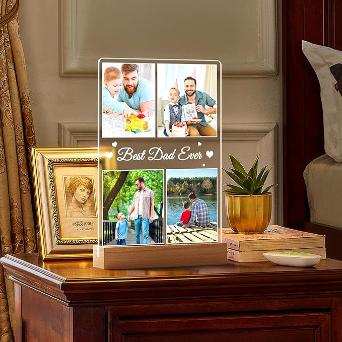 Best Dad Ever Gifts, Custom Collage Picture Frames with Night Light, Personalized Photo Frame, Customized Picture Frame with Photo, Personalized Christmas Birthday Gifts for Dad Baby Kids Family