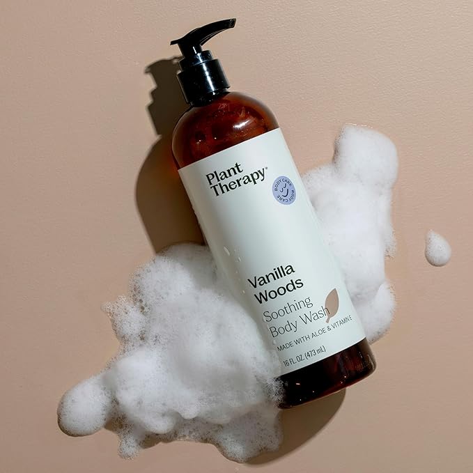 Plant Therapy Vanilla Woods Natural Body Wash 16 oz For all Skin Types, Sulfate Free Body Wash, For Men or Women, Sophisticated Sweet & Woody Scent, Lush, Hydrating Lather, Cleanses & Soothes Skin