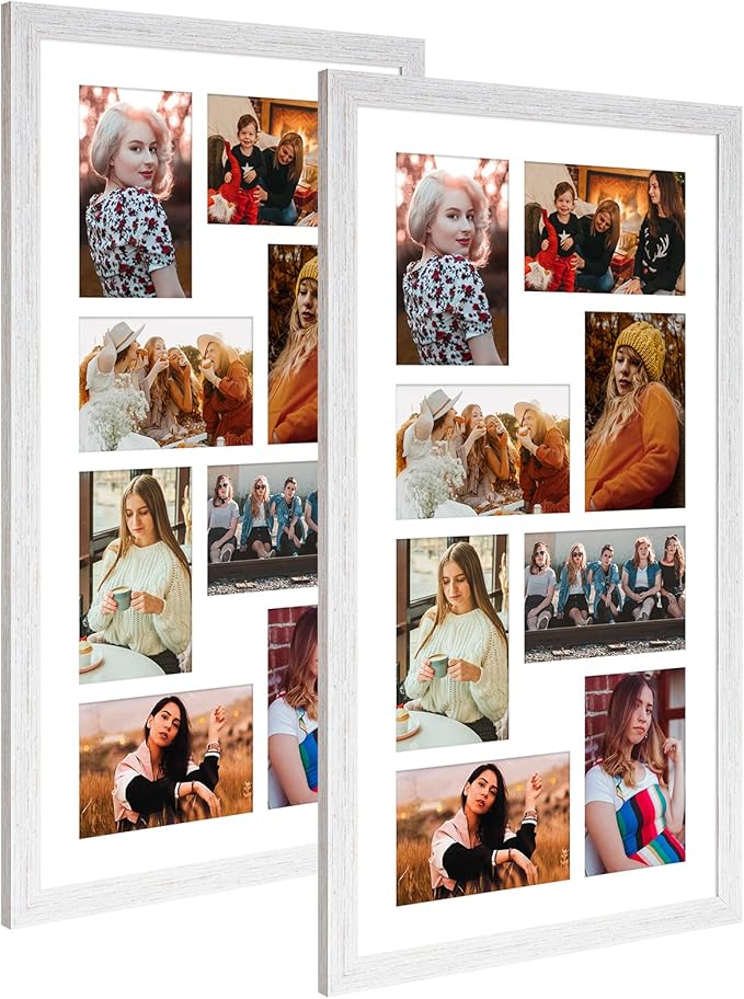 11.8x21.8 Collage frame with 8 Openings 4X6 Pictures, Multiple Picture Frame with Mat, Wall or Tabletop Decor, White Wood Grain,2 Pack
