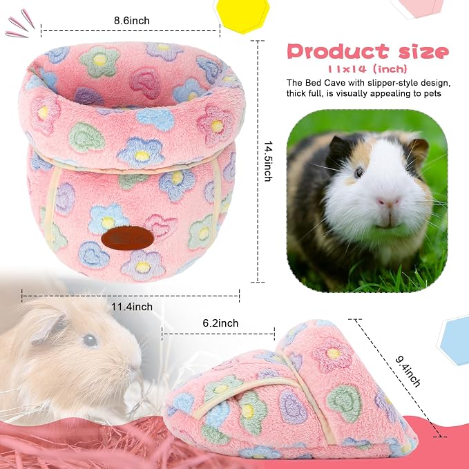 YUEPET Guinea Pig Bed Cuddle Cave, Warm Fleece Hideout, Pink Flower | Cozy Guinea Pig House, Portable Guinea Pig Hideout, Soft Coral Fleece, Washable Cushion