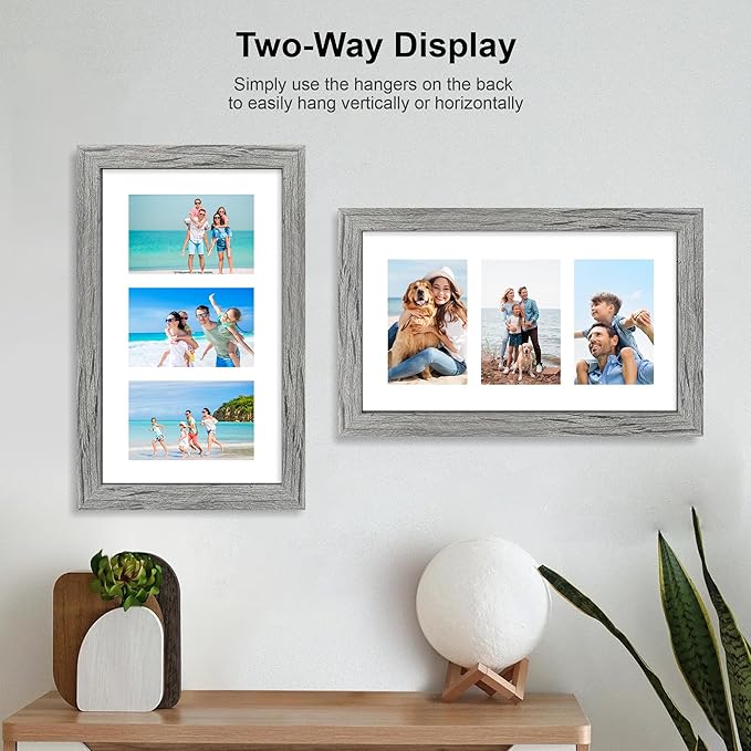8x14 Picture Frame Set of 2, Rustic Grey Wood Frame with Glass Collage Frame, Display Pictures 3-4x6 With Mat or 8 x 14 Without Mat - Horizontal or Vertical Wall Mounting