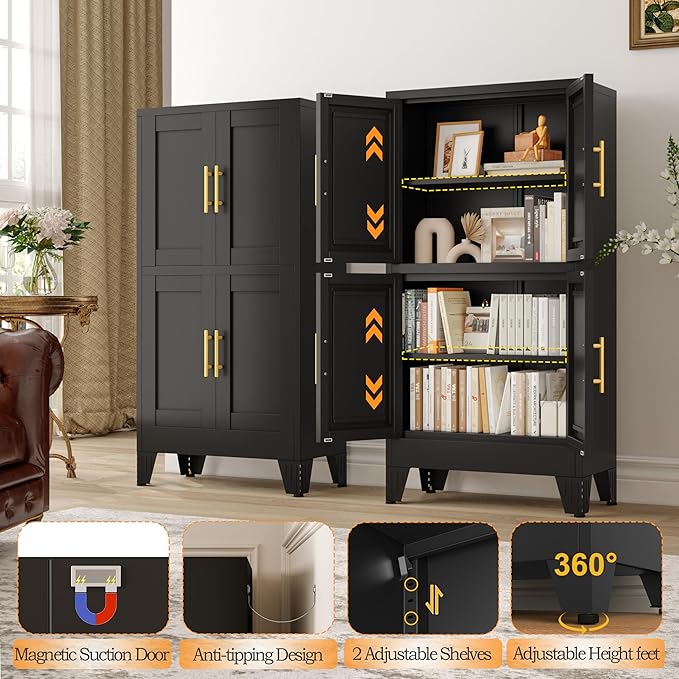 GAIOUS 47.25" Metal Storage Cabinet, Black Kitchen Food Storage with 4 Door and 2 Adjustable Shelves, Freestanding Bathroom Cabinet, Pantry for Kitchen Dinning Room, Cupboard