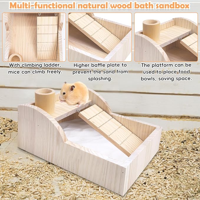 PINVNBY Hamster Sand Bath Box Wooden Small Animals Shower Room & Digging Sand Bath Container with Bowl for Dwarf Syrian Mice Mouse Gerbil and Other Small Animals