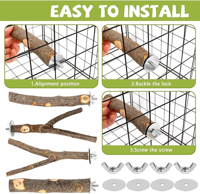 5 Pcs Natural Wood Bird Perch Stand Set for Bird Cages | Ideal for Small/Medium Birds (Budgies, Conures) | Bark Textures for Foot Health | Tool-Free Wing-Nut | Safe Chewing