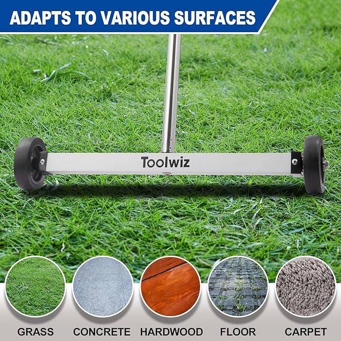 Toolwiz 17" Rolling Magnetic Sweeper 10lbs, with 8 lbs Telescopic Magnetic Pick Up tools with LED light–Lightweight Pick-up Sweeper with Wheels for Nails, Screws & Metal Debris Home Use Workshop