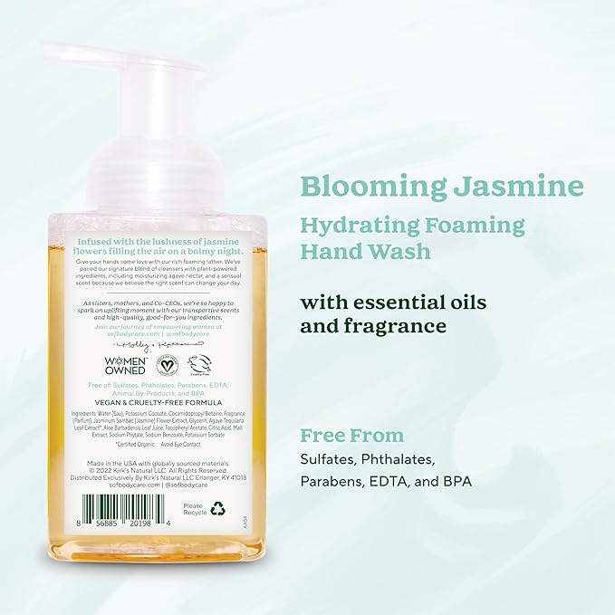 SoF Hydrating Foaming Hand Wash - With Organic Agave Nectar & Coconut Oil- Vegan & Non GMO- Free From Phthalates, Sulfates & Parabens- Blooming Jasmine - 8 oz Bottle 6 Pack
