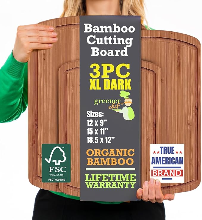 Organic Bamboo Wooden Cutting Board Set of 3 - Used to Chop Veggies, Carve Meat, Present Charcuterie at Mealtime Prep and Family Gatherings - Ideal for Professional and Busy Home Chefs - Dark