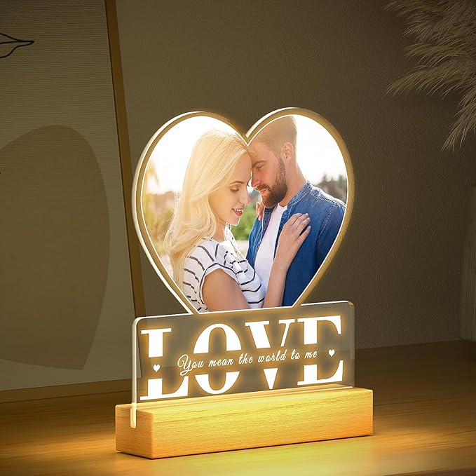 Personalized Picture Frame with Photo, Custom Photo Frame with Night Light, Customized Gifts for Girlfriend Boyfriend, Personalized Christmas Anniversary Couple Gifts for Women Men Her Him Wife