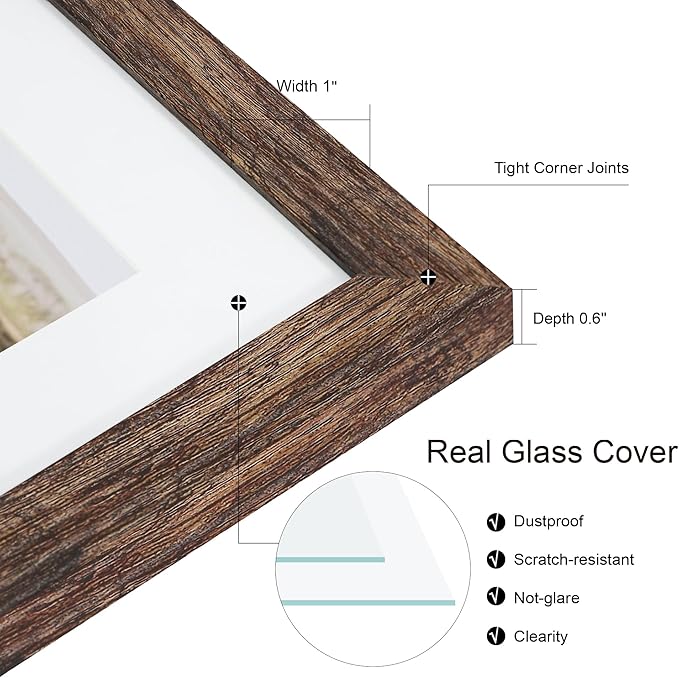 14x14 Picture Frame Set of 2, Rustic Brown with Glass Collage Frame, Display Photo Six Opening 4x6 With Mat or 14 x 14 Without Mat - Horizontal or Vertical Wall Mounting