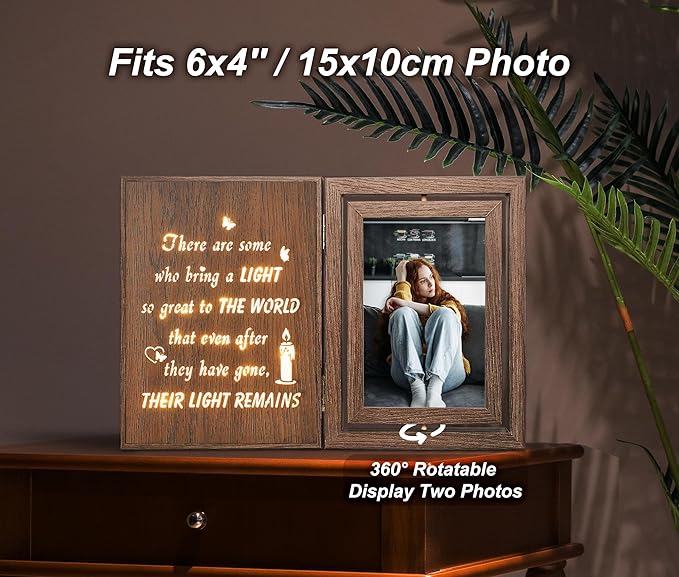 Rotating Wooden Memorial Picture Frame with Light Up Quote – Sympathy Gifts for Loss of Loved One, Bereavement Grief Condolences Gifts with 2 4x6 Inch