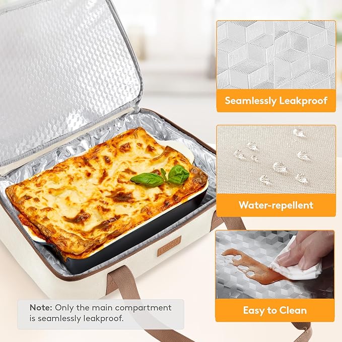 LUNCIA Insulated Single Decker Casserole Carrier, Lasagna Lugger Tote Keeps Food Hot or Cold, Thermal Lunch Bag for Potluck Parties, Picnic and Cookouts, Fits 9" x 13" Baking Dish, Cream