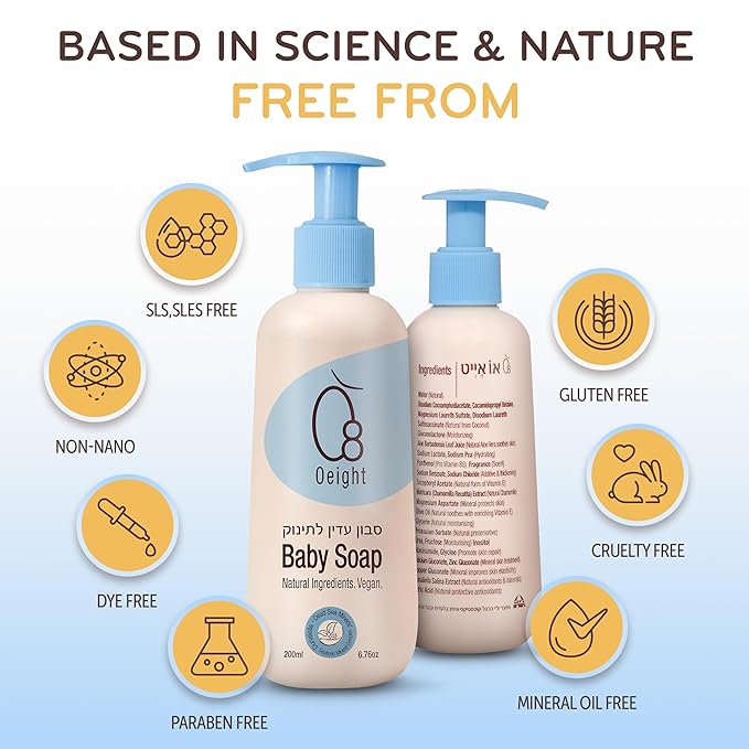 Oeight Baby Body Wash, 100% Natural Active Ingredients Sensitive Skin Baby Wash with Aloe Vera, Chamomile, Olive Oil & Provitamin B5, Dermatologically & Hypoallergenic Tested Mild Foaming Soap, 200ml