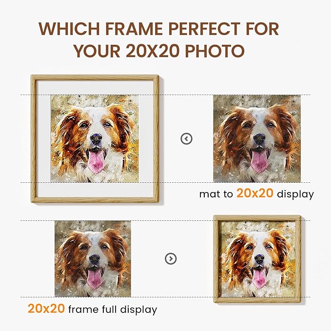 20x20 Picture Frame Natural Oak Wood From California-USA with Real Tempered Glass, Handcrafted 20x20 Photo Frame Matted to 16x16 Wedding Photo,Family Picture,Graduation Picture Display on Table & Wall