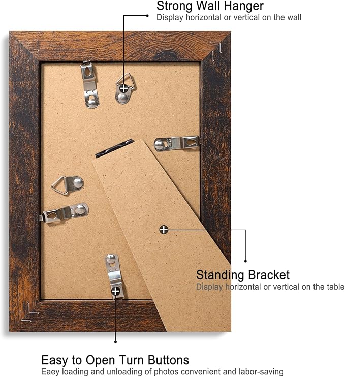 iRahmen 4x6 Picture Frame Set of 4, High Definition Glass 4 x 6 Frame, Wood Rustic Photo Frames for Horizontal or Vertical Display Tabletop and Wall Mounting