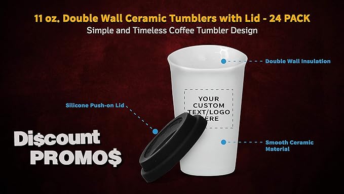 Personalized 11 oz. Double Wall Ceramic Tumblers with Lid - 24 Pack - Custom Text, Logo - Black