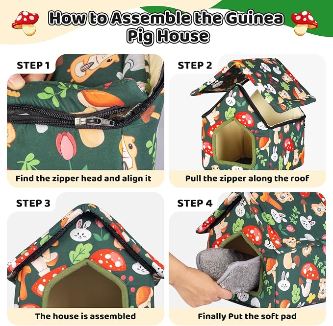 Guinea Pig Hideout, Foldable Guinea Pig House with Non-Slip Bottom & Removable Pad, Soft & Washable Bunny Bed for Hamsters Dwarf Rabbits Ferret Hedgehogs and Other Small Animals