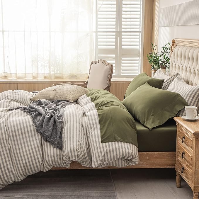 PURE ERA Jersey Knit 4pc Bed Sheet Set 100% T-Shirt Heather Cotton Super Soft Comfy Breathable Fits Mattress Up to 20" Extra Deep Pocket(Olive Green, Queen)