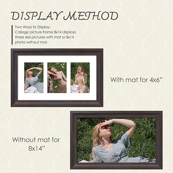 8x14 Picture Frame 4x6 Collage Picture Frame Displays Three 4x6 inch Photos or 8x14 (Without Mat) Wall Decor or Tabletop Walnut