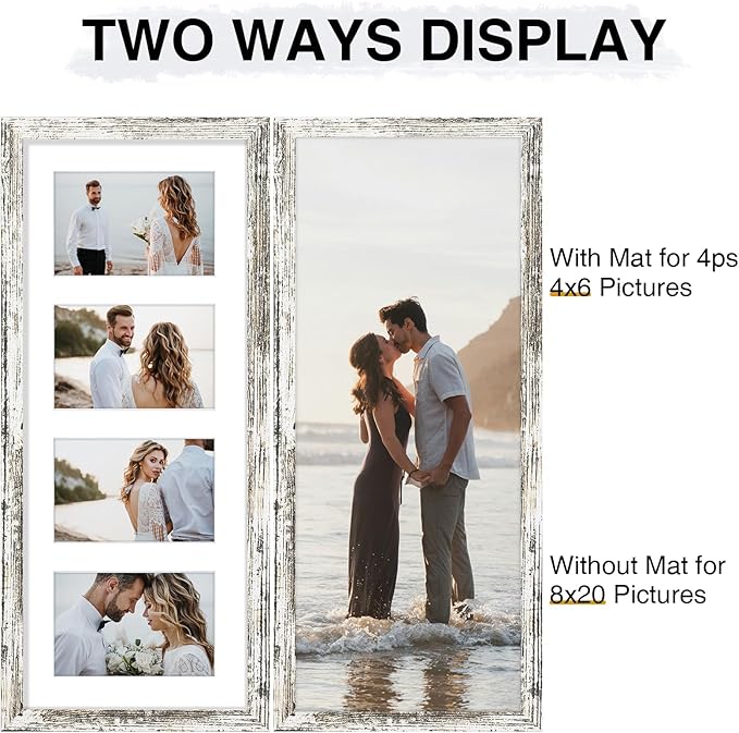 Vittanly 8x20 Collage Picture Frame, Displays 4Pcs 4x6 Pictures with Mat or 1Pcs 8x20 without Mat, Picture Frames Collage Wall Decor for Horizontal or Vertical Display, Distressed White, 1 Pack