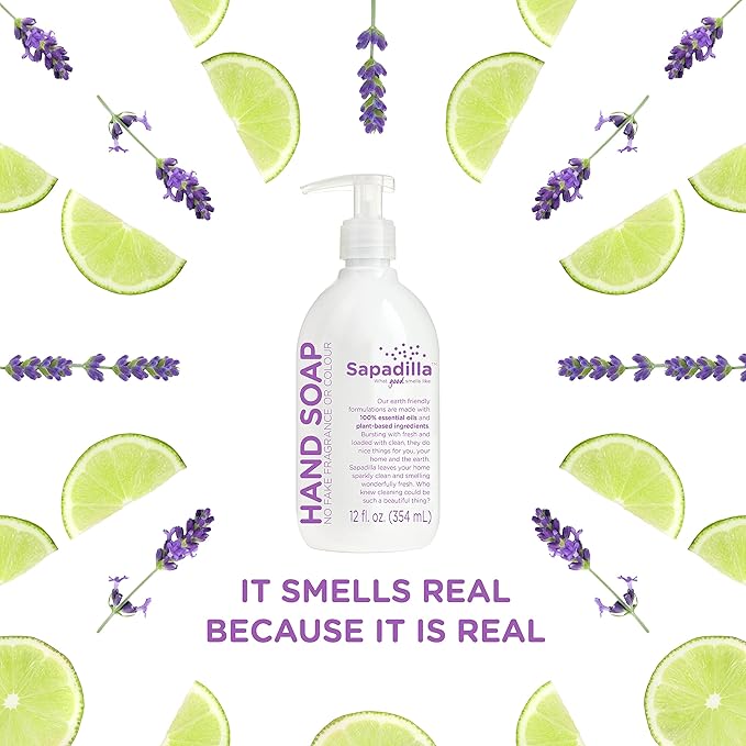 Sapadilla Liquid Hand Soap - Sweet Lavender + Lime - Made with 100% Pure Essential Oil Blends, Cleansing & Moisturizing, Aromatic & Fragrant Hand Soap, Plant Based, Biodegradable, 12 Ounce (Pack of 4)