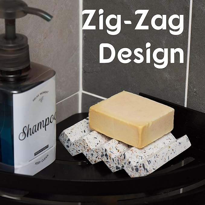 Zig Zag Terrazzo Stone Soap Dish for Bathroom Sink - Concrete Soap Saver for Bar Soap Holder for Shower - Sponge Holder - Self Draining Soap Dish Holder - Kitchen Soap Tray (White)