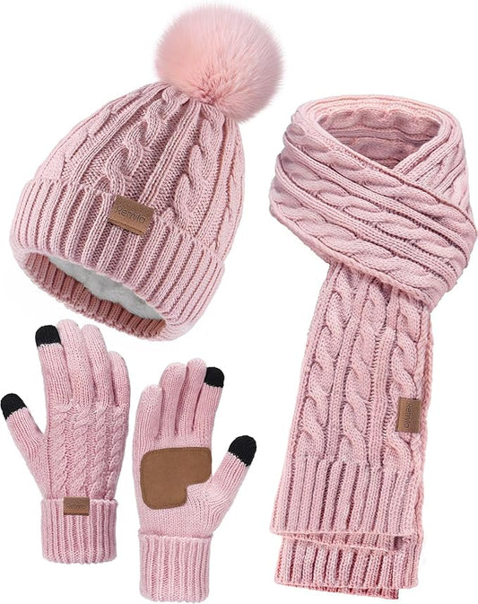 Remifa Winter Hat Scarf Gloves Set for Women, 3 PCS Beanie Hat Touchscreen Glove Long Neck Kint Scarf Valentines Gifts