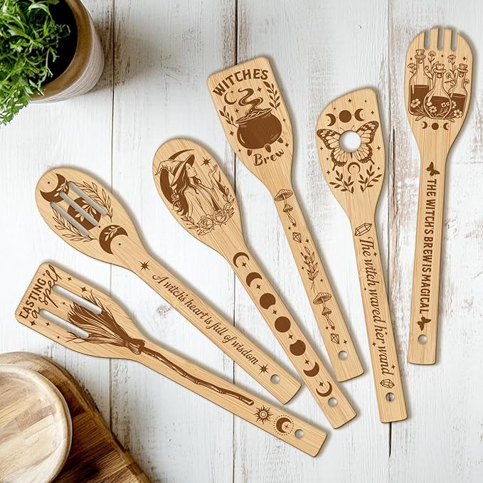 CUTHOLLOW 6PCS Magic Witch Wooden Kitchen Cooking Utensil Set, 11.9in Non Toxic Bamboo Wood Spoon Set for Cooking, Best Housewarming Halloween Decor Gift for Women Mother