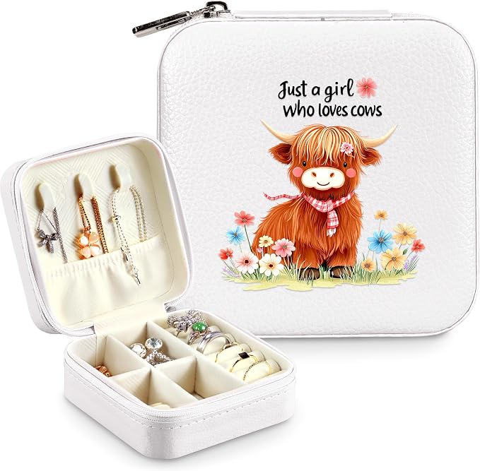 Highland cow Jewelry Box, Gifts For Kids Teens Girls, cow Lovers Stuff Items Accessories Things Merchandise Decor Merch, Travel Ring Earrings Necklace Organizer Holder!