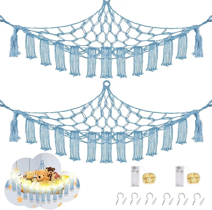 CERETIA Stuffed Animal Hammock with LED Light, Large Stuffed Animals Storage Corner Plushie Net for Kids Room Decor, 2 Packs Baby Blue