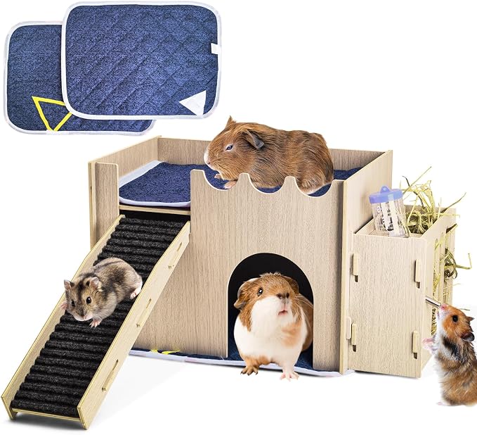 kathson Wood Guinea Pig Hideout Small Rabbit Hideout with Water and Hay Feeder Ramp, Easy to Assemble Wooden Hamster House for Small Animal Bunny Chinchilla Rat Hedgehog with 2xGuinea Pig Cage Liners