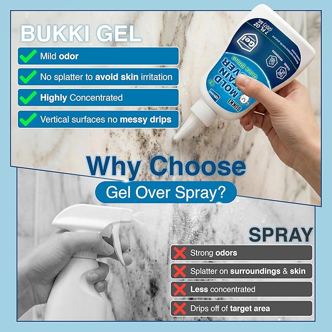 BUKKI Professional Mold Stain Remover Gel (7 FL OZ), Heavy Duty Thick Gel for Shower Grout, Washer Seals, Caulking, Bathrooms, Sinks, Concrete, Pool Tile, Patio, Siding, Marine RV, Surface Cleaner