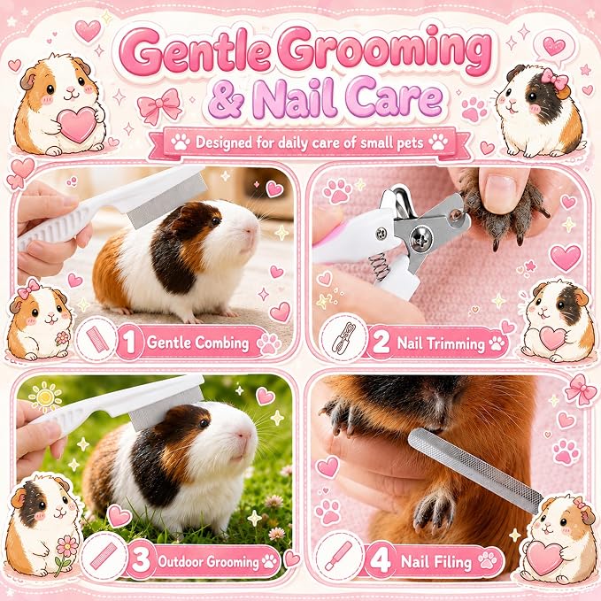 Guinea Pig Brush Kit Hamster Cleaning Grooming Comb with Nail Clipper Trimmer, Nail Files - Professional Small Animal Grooming Tool for Rabbit, Bunny, Puppy, Kitten, Ferret