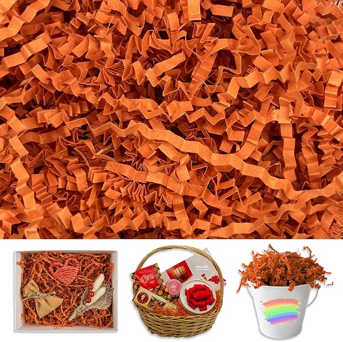 Orange Crinkle Cut Paper Shred Filler, 2 LB Basket Filler Shredded Paper, Confetti Stuffing for Basket Filling, Halloween, Thanksgiving, Christmas, Birthdays, Gift Wrapping, Stuffer Party Supplies