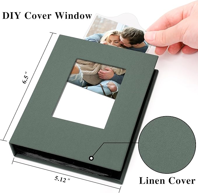 2 Pack Photo Album Holds 48 Pockets with Linen Cover and Customizable Window, Fits 4x6 Photos, Archival Black Pages, Gray Green