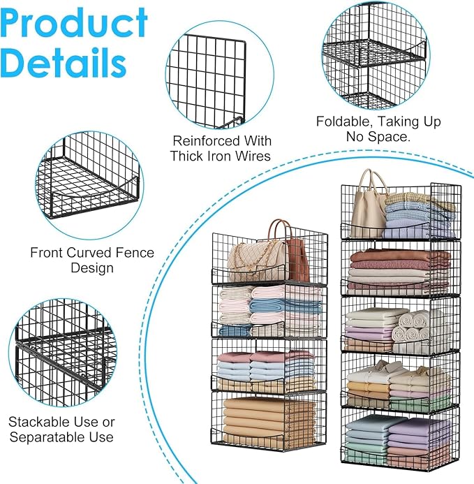 5-Tier Stackable Closet Organizers and Storage Shelves, Extend Clothing Closet Shelf Bins for Wardrobe Kitchen Office Bathroom, Clothes Organizer System-Wider Mouth Design, Black