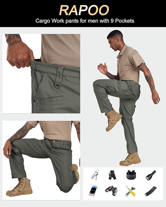 Rapoo Ripstop Water Resistant Cargo Tactical Pants for Men EDC Hiking Work Military Army Pants with 9 Pockets