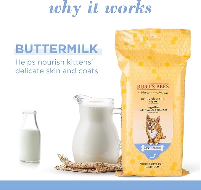 Burts Bees for Pets Kitten Grooming Wipes with Buttermilk, 50 Count | Waterless bath wipes clean face, paws, tail, and coat, gentle alternative to bathing for indoor cats