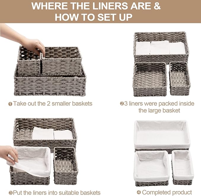 FairyHaus Wicker Baskets for Organizing 3 Pack, Waterproof Small Wicker Storage Basket for Shelves Rectangle, Nesting Lined Grey Plastic Woven Basket
