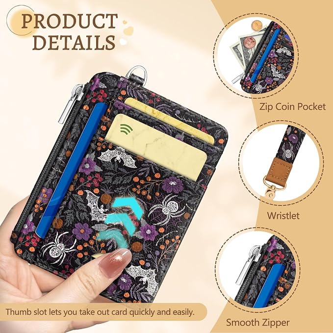 Kelvoris Credit Card Holder Small Wallet Women, Slim RFID, Bat Spider Goth | Keychain, Zipper Coin Pocket, Front Pocket Thin Travel Card Case, Minimalist, 6 Card Slots, 1 ID Window, Ladies Gifts Woman