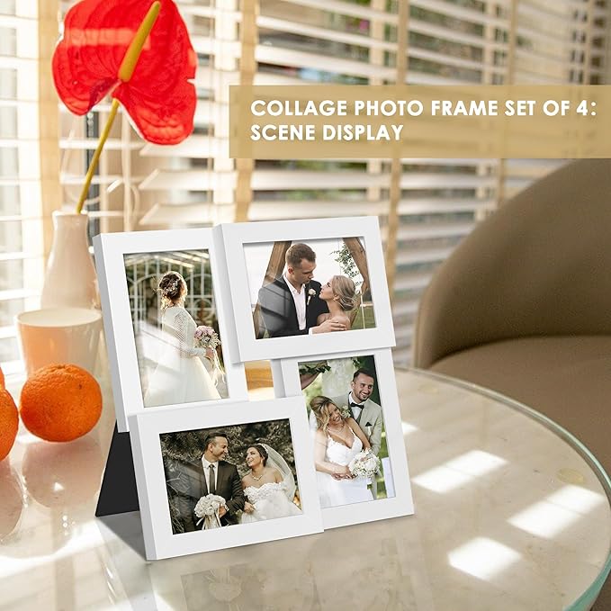 4x6 Collage Picture Frame Tempered Glass Front, Displays Four 4x6 Photo, Family Photo Collage Frame, Wall Decor Wall Hanging or Tabletop, White