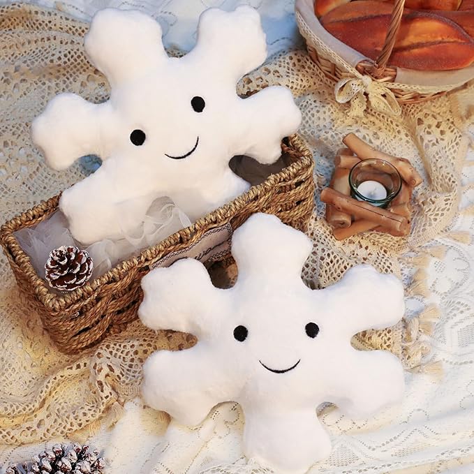 Whaline 2Pcs Christmas Snowflake Pillows Cute Winter Snowflake Shaped Throw Pillow Decorative Xmas White Plush Pillow for Home Office Couch Sofa Bed Decor