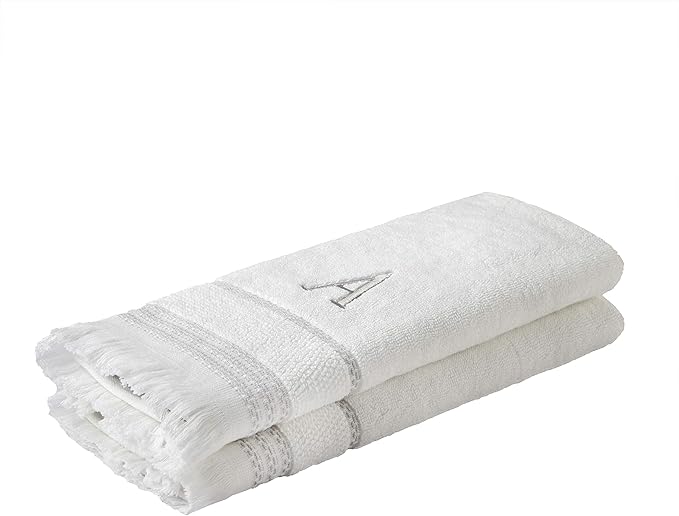 SKL Home Casual Monogram Hand Towel Set, A, 16x26, White 2 Count