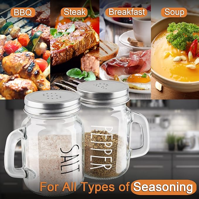 Glass Salt and Pepper Shakers Set, ZOSUJO 4 oz Cute Clear Salt Pepper Shaker, Kitchen Decor for Home Restaurants Wedding, Transparent Shaker Sets with Stainless Steel Lids