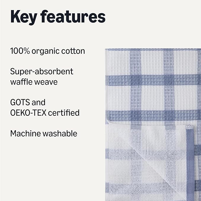 Amazon Basics Organic Cotton Waffle Kitchen Dish Towels - Ultra Absorbent, Quick Drying, Lint-Free, 15 x 25 inches, 6-Pack (4 Navy Strip/Checker, 1 White, 1 Solid Navy)